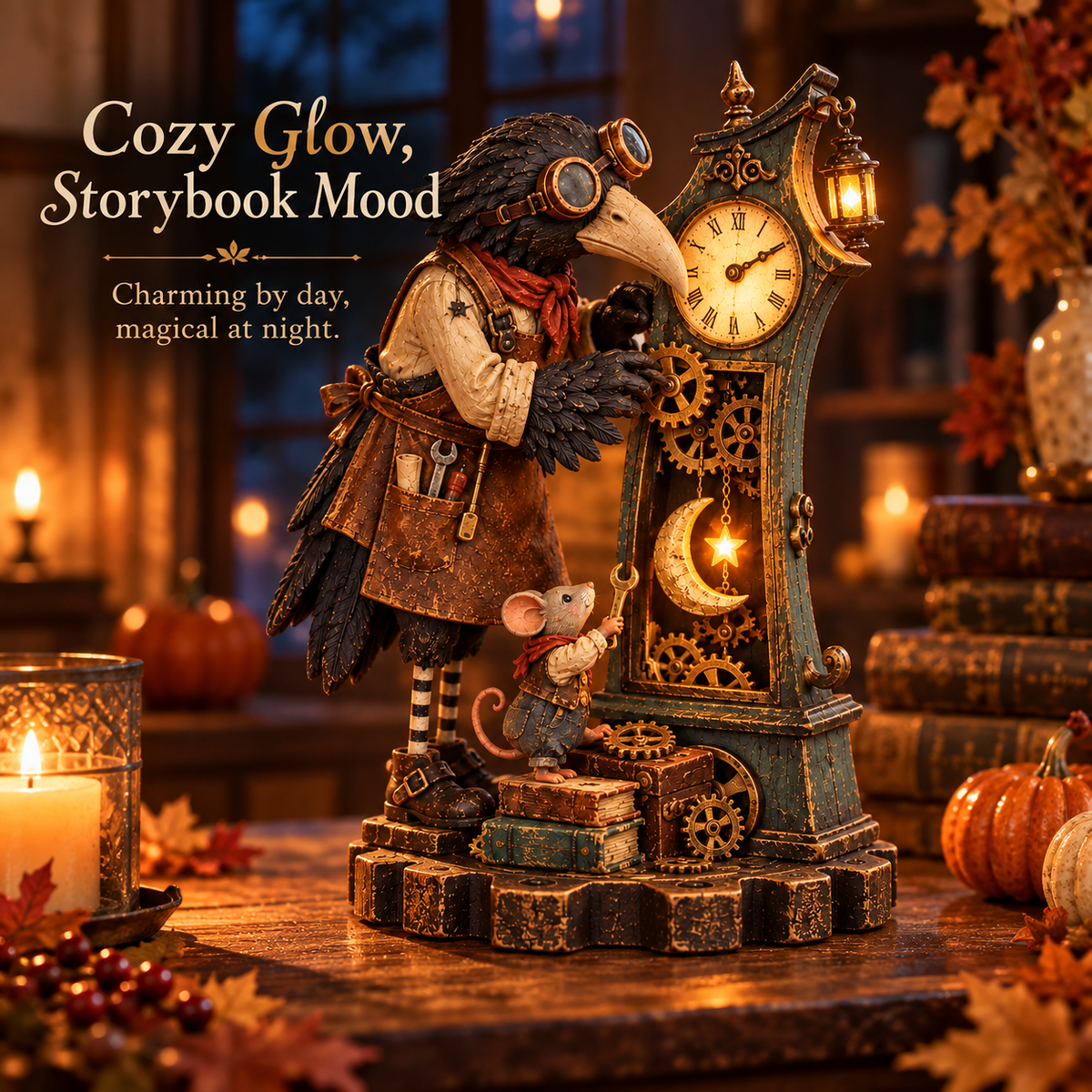 Vintage Storybook Sculpture with Mouse Helper & Warm Lantern Glow ✨