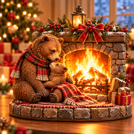 🔥🐻 Cozy Christmas Fireplace Figurine – Woodland Family Holiday Scene