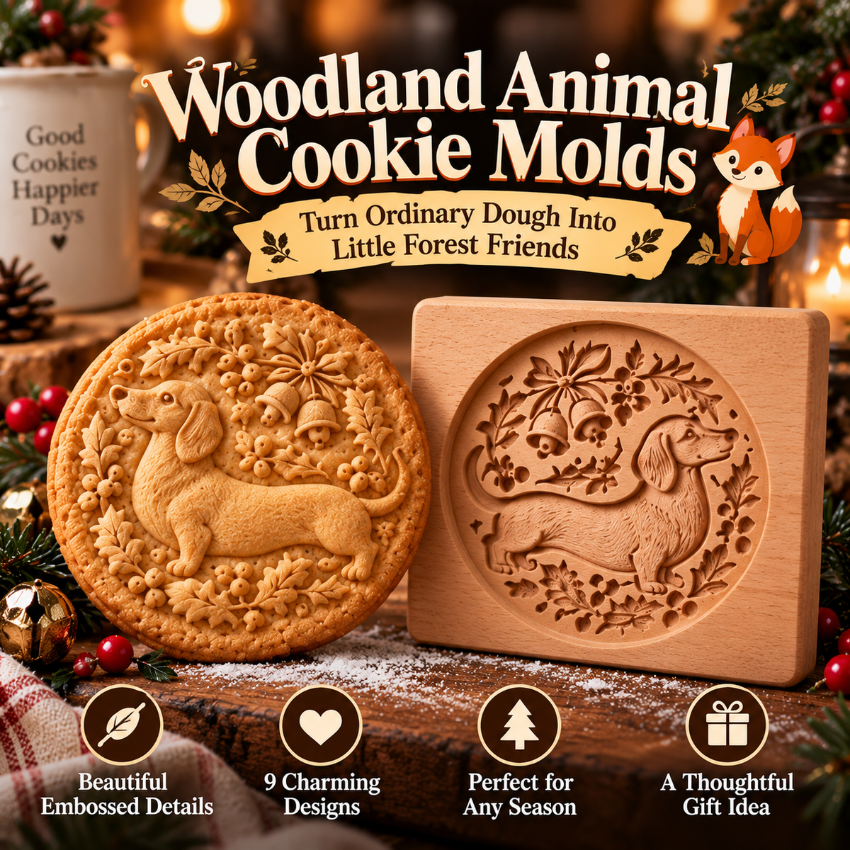 🍪🦊 Woodland Animal Cookie Molds – Embossed Wooden Baking Stamps