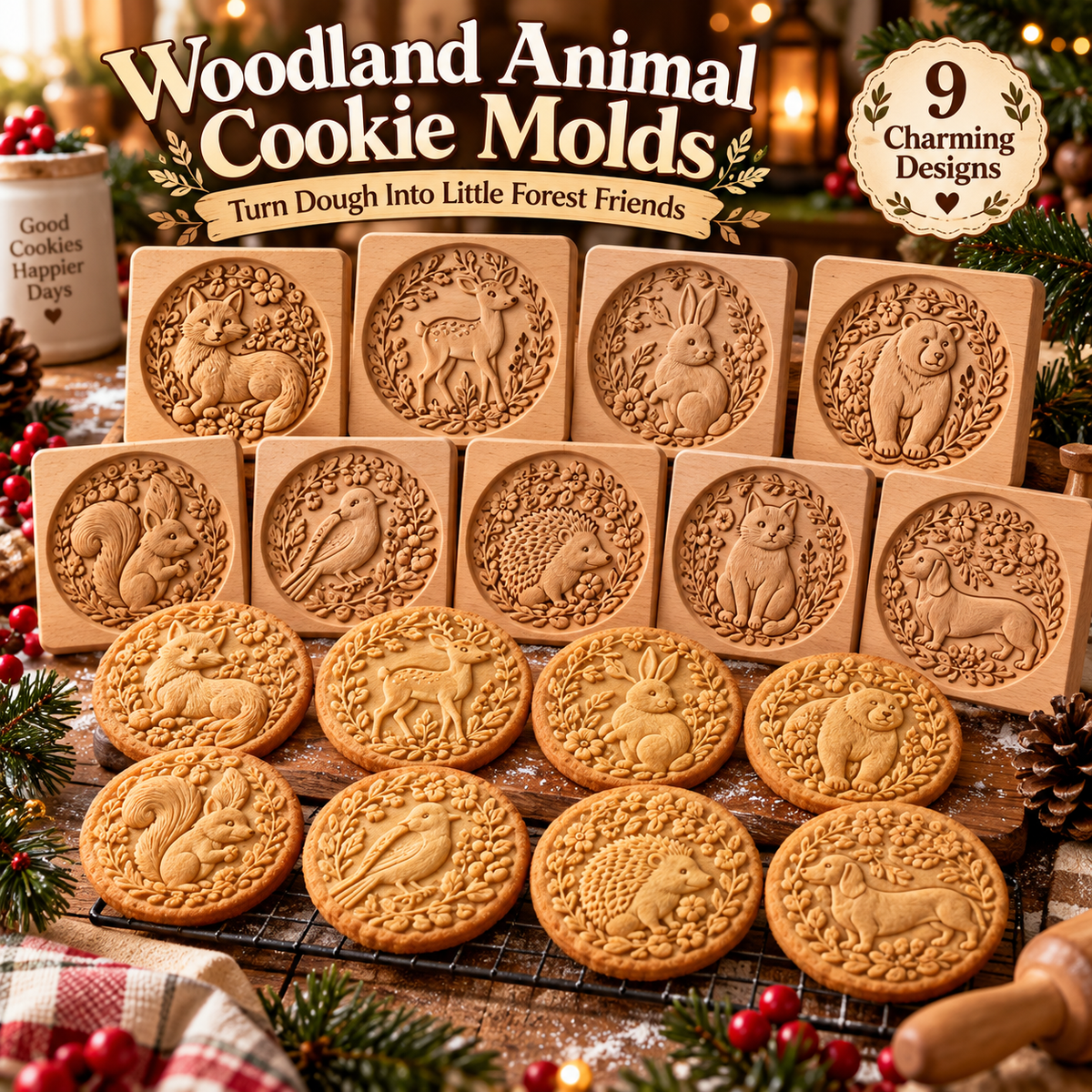 🍪🦊 Woodland Animal Cookie Molds – Embossed Wooden Baking Stamps