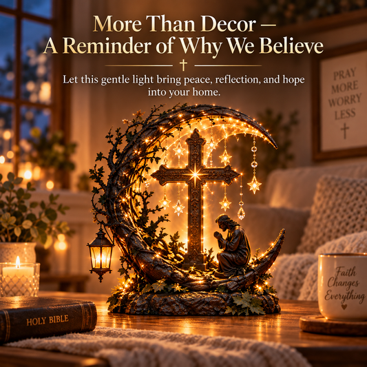 ✝️🌙 Light of Faith Crescent Cross – Illuminated Jesus Tabletop Decor