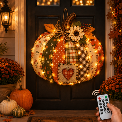 🍂🎃 Vintage Patchwork Lighted Pumpkin Door Hanger – Cozy Fall Front Door Decor
