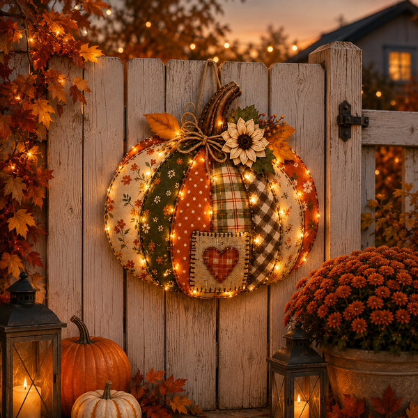 🍂🎃 Vintage Patchwork Lighted Pumpkin Door Hanger – Cozy Fall Front Door Decor