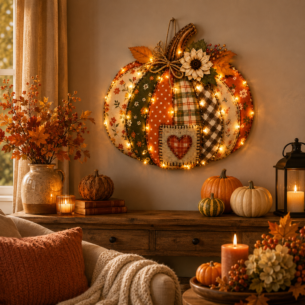 🍂🎃 Vintage Patchwork Lighted Pumpkin Door Hanger – Cozy Fall Front Door Decor