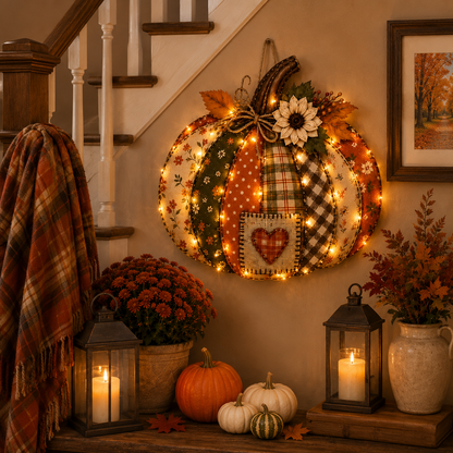 🍂🎃 Vintage Patchwork Lighted Pumpkin Door Hanger – Cozy Fall Front Door Decor