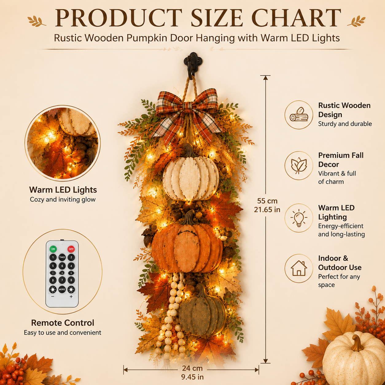 🏡🎃Lighted Wooden Pumpkin Door Hanger – Cozy Farmhouse Fall & Thanksgiving Decor