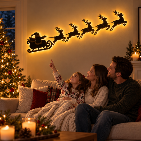 🦌 Midnight Sleigh Run LED Wall Display | Santa & 6 Reindeer Christmas Glow