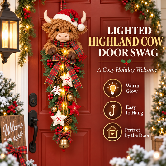 🎄 Highland Cow Christmas Glow Door Swag | Cozy Lighted Holiday Welcome