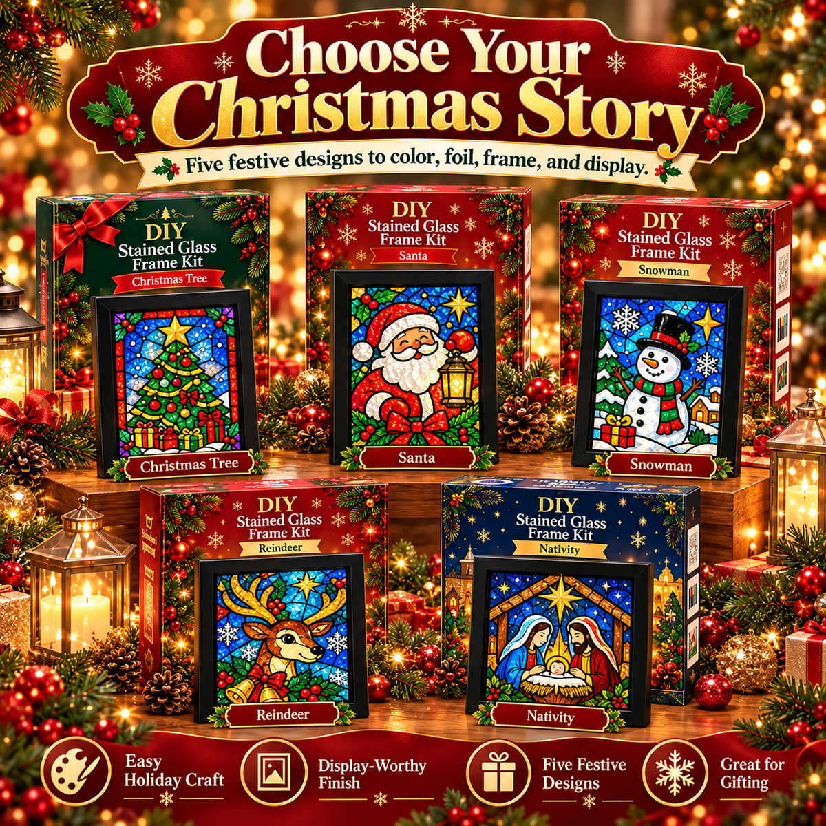 🎄✨ DIY Christmas Stained Glass Frame Kit – Create Your Own Holiday Window Art