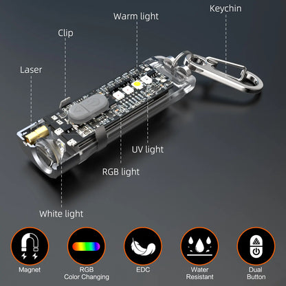 Magnetic Keychain Flashlight 550LM RGB UV Laser Rechargeable EDC Pocket Light