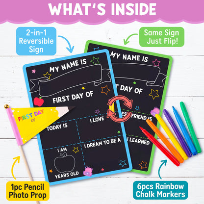 📚 First & Last Day of School Reusable Chalkboard Sign – Double-Sided Photo Board with Marker & Pencil Flag