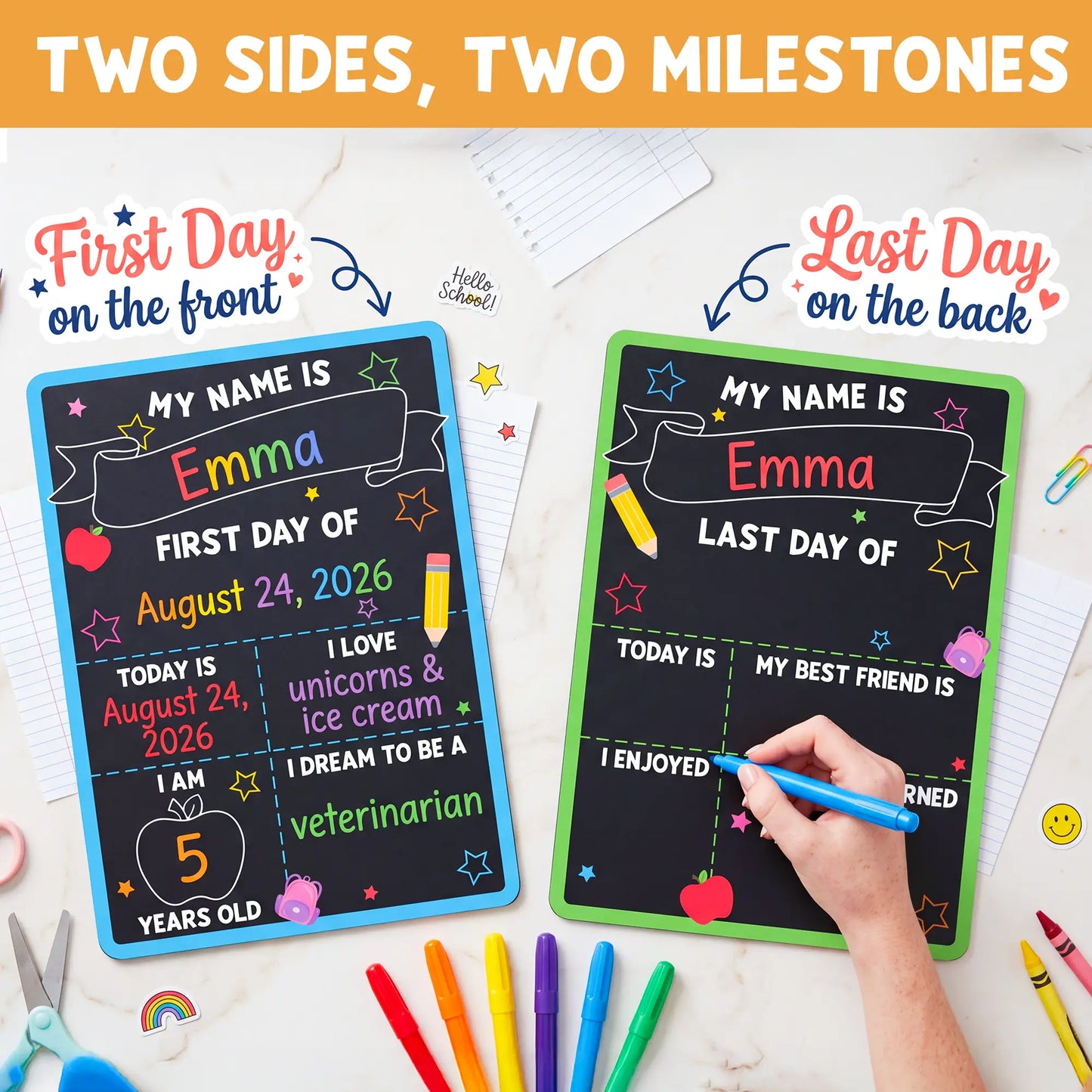 📚 First & Last Day of School Reusable Chalkboard Sign – Double-Sided Photo Board with Marker & Pencil Flag