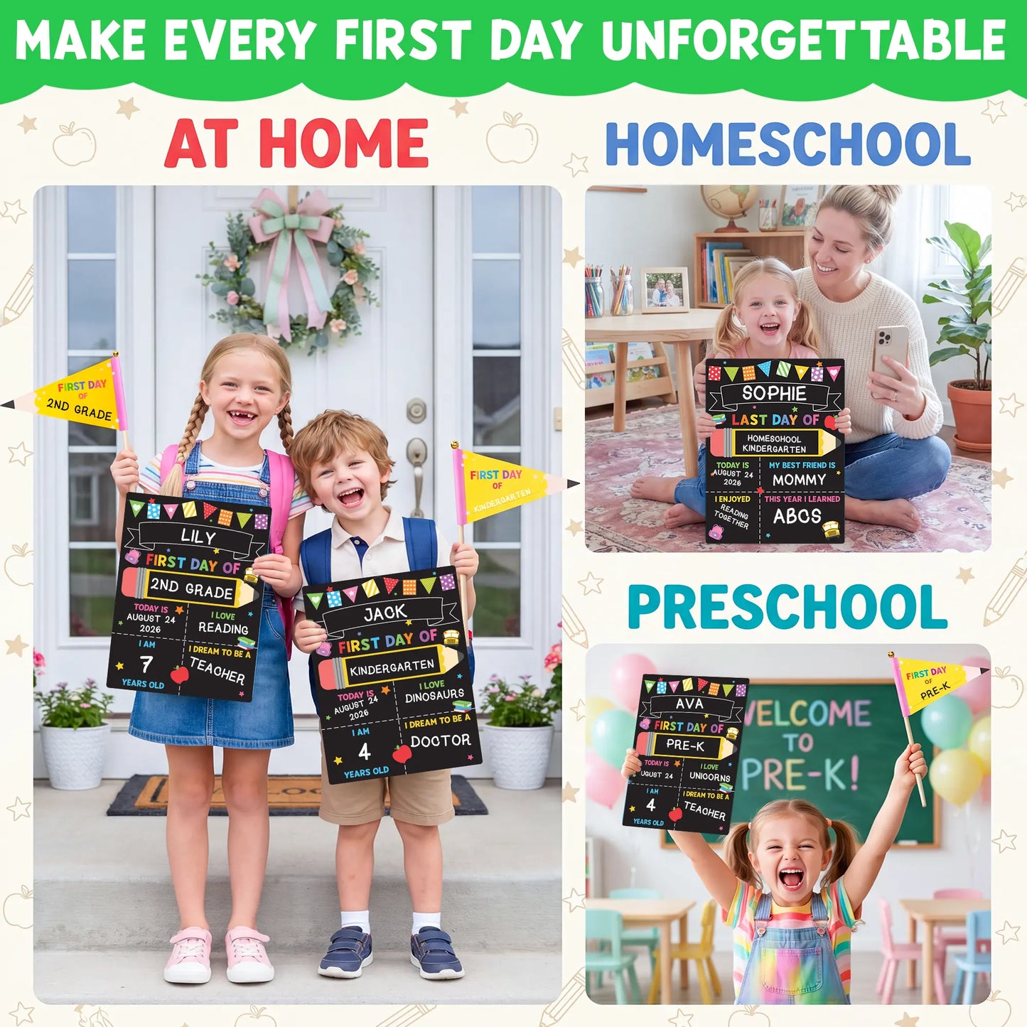 📚 First & Last Day of School Reusable Chalkboard Sign – Double-Sided Photo Board with Marker & Pencil Flag