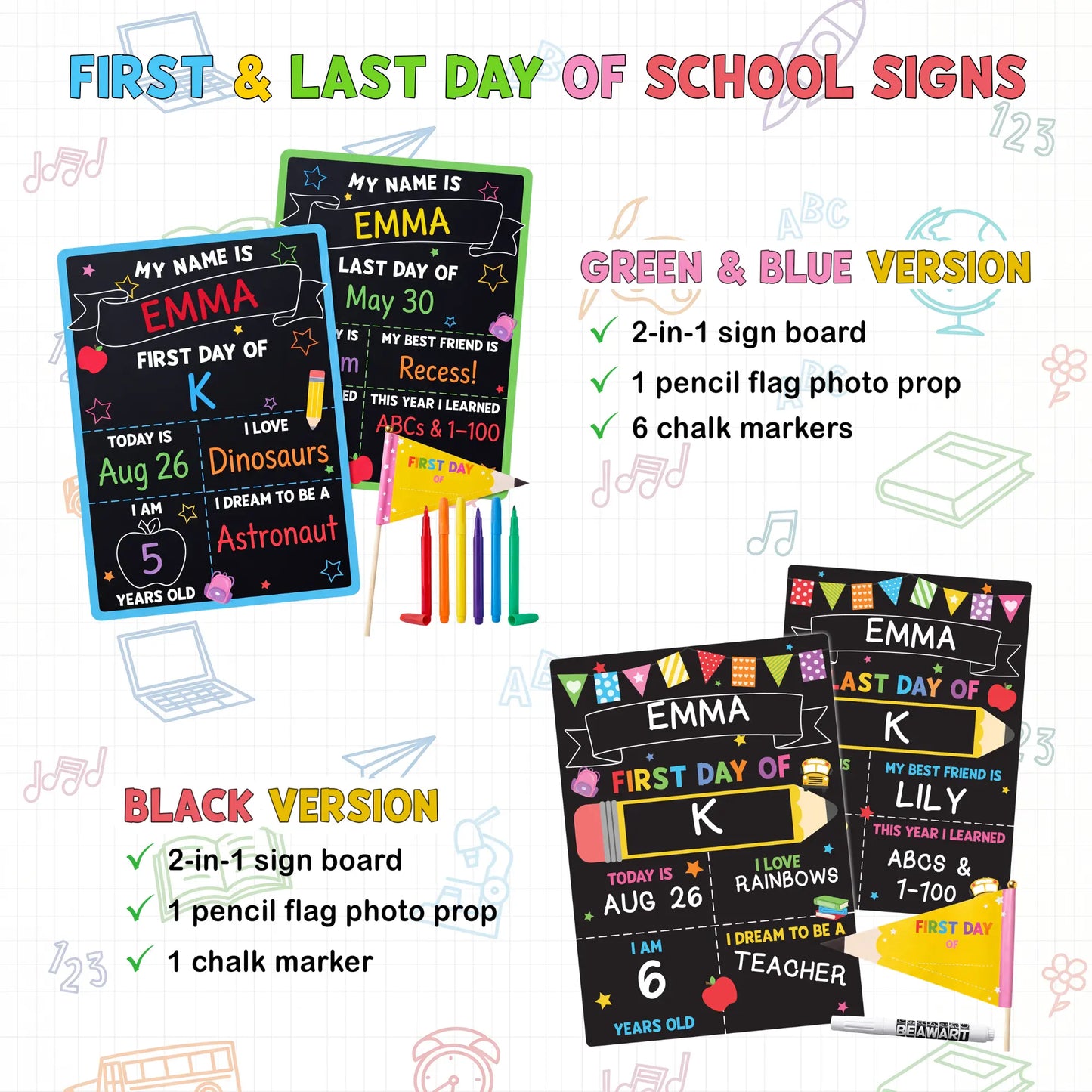 📚 First & Last Day of School Reusable Chalkboard Sign – Double-Sided Photo Board with Marker & Pencil Flag