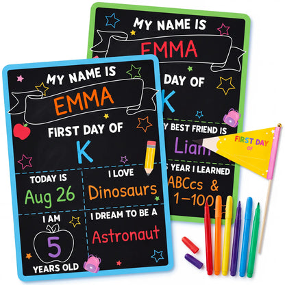 📚 First & Last Day of School Reusable Chalkboard Sign – Double-Sided Photo Board with Marker & Pencil Flag