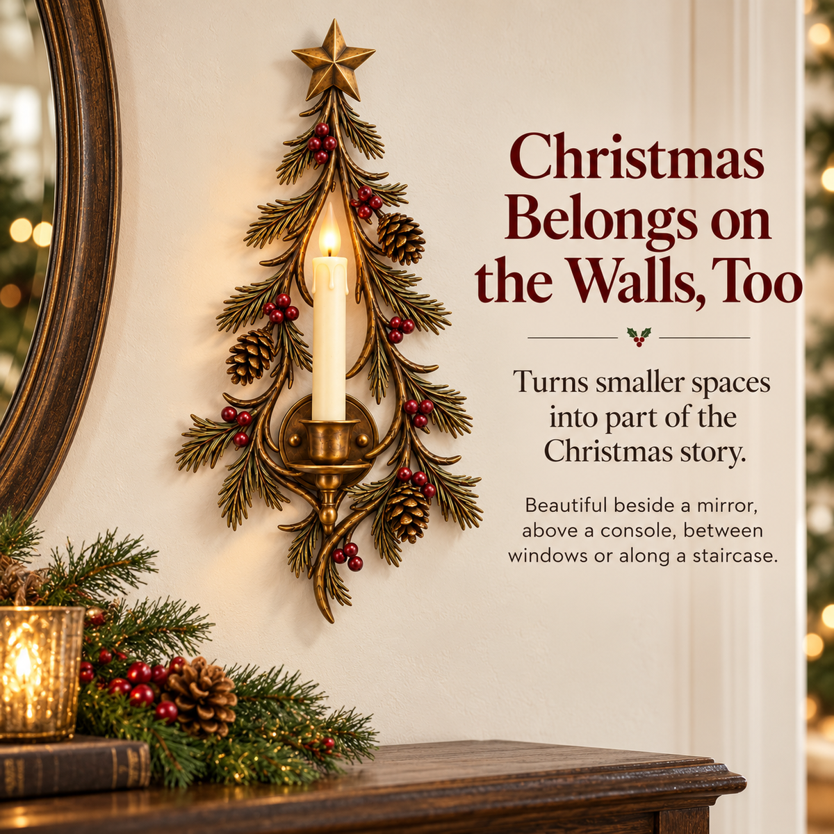 🕯️🎄 Christmas Candle Tree Wall Sconce – Rustic Evergreen Holiday Decor