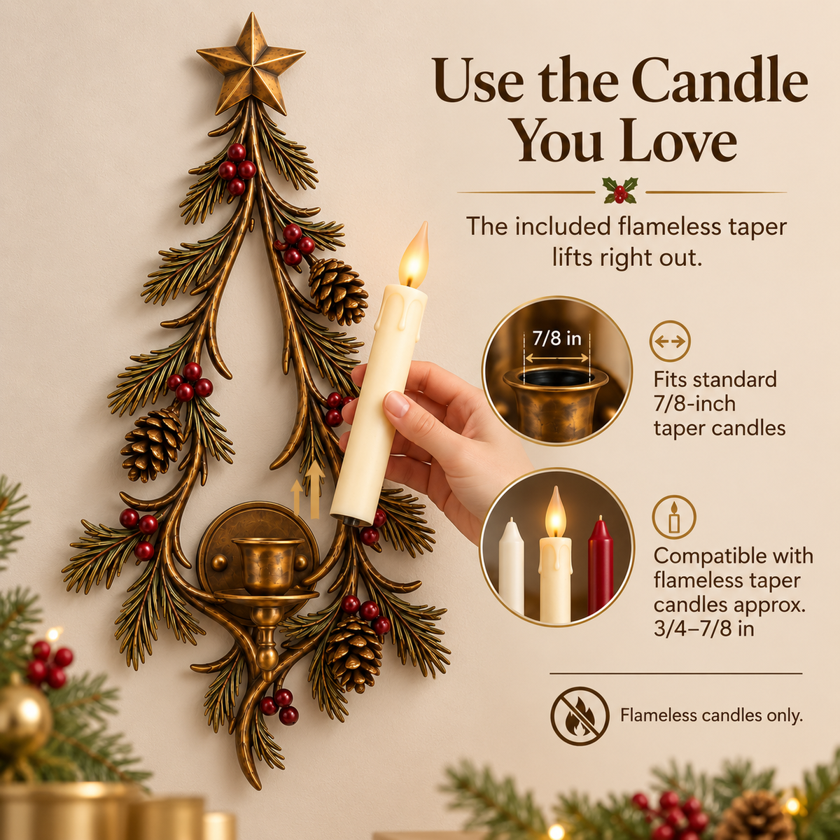 🕯️🎄 Christmas Candle Tree Wall Sconce – Rustic Evergreen Holiday Decor