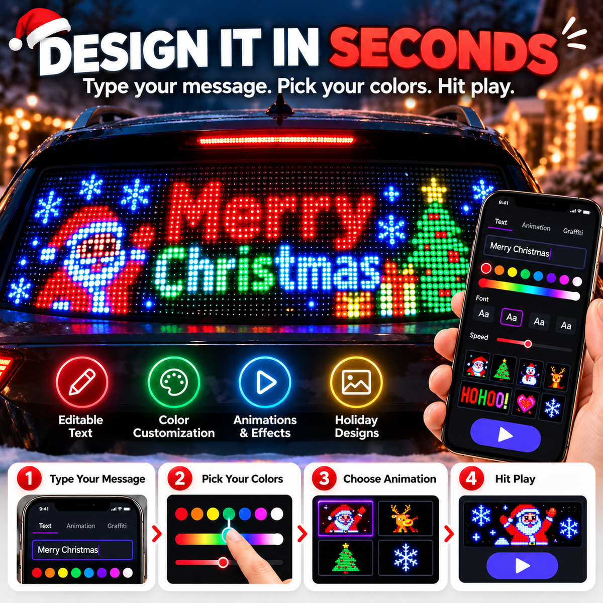 🎅Smart LED Pixel Car Display — App-Controlled Custom Text, Colors & Animations