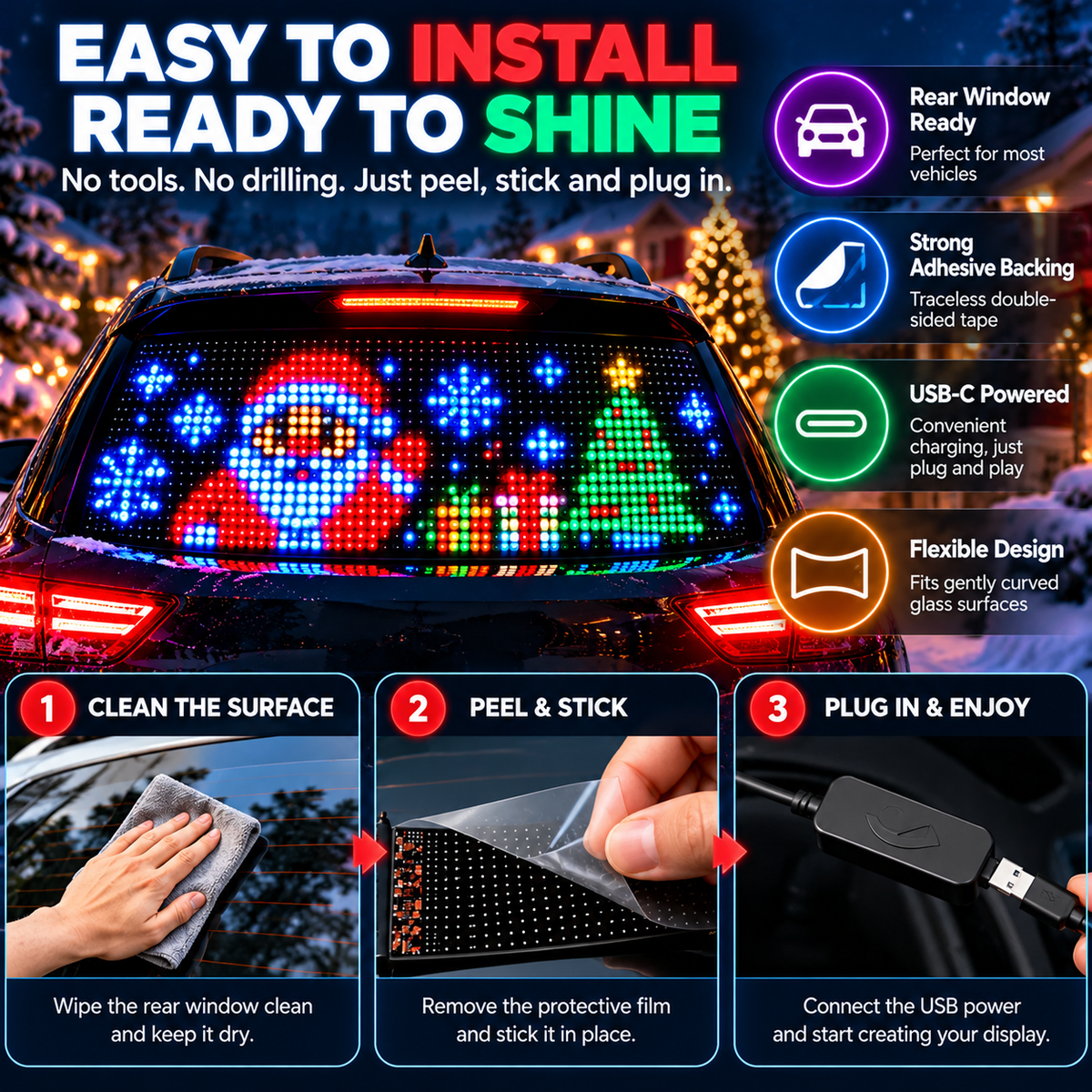 🎅Smart LED Pixel Car Display — App-Controlled Custom Text, Colors & Animations
