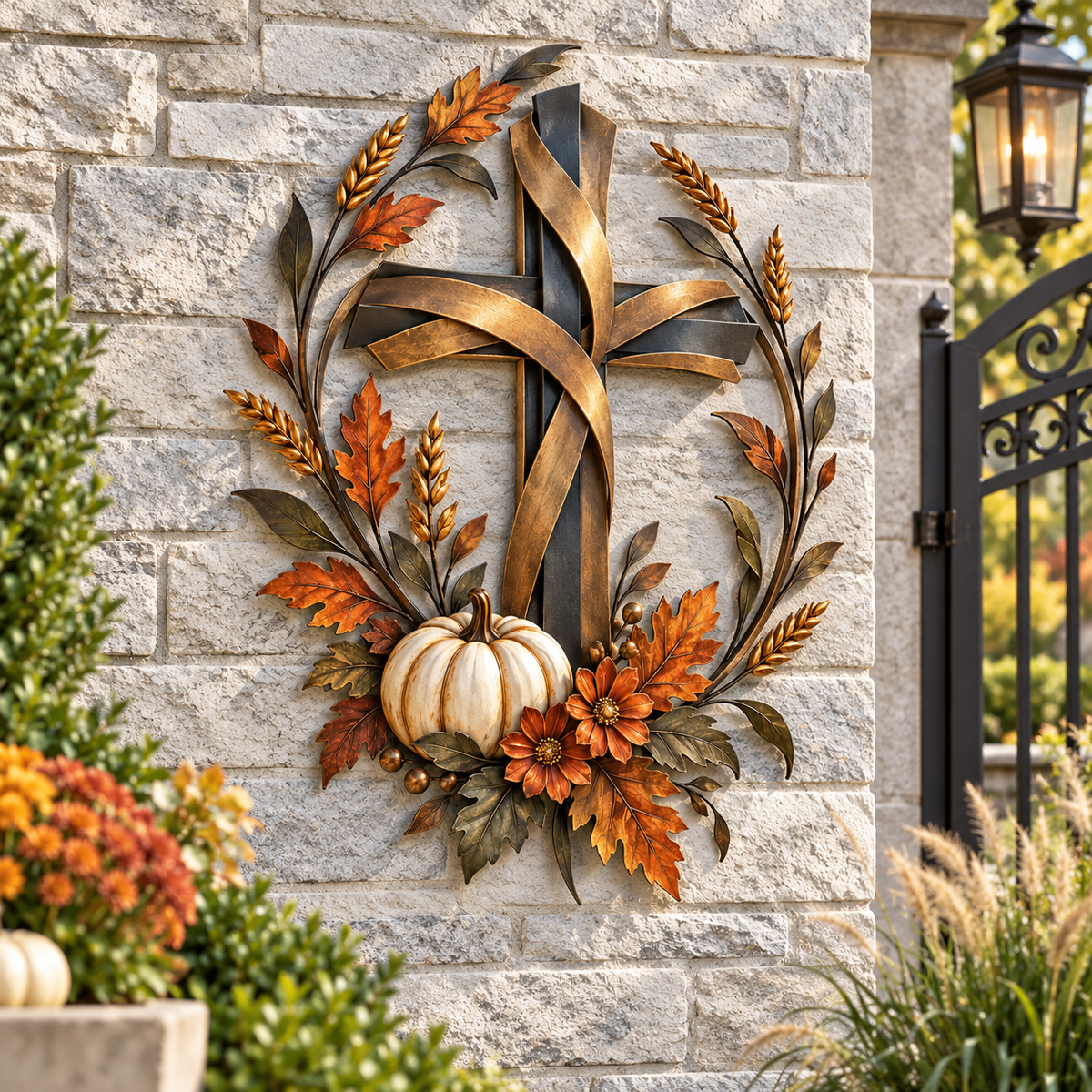 ✝️🍂 Blessed Harvest Cross Metal Wall Art with Pumpkins 🎃🏡