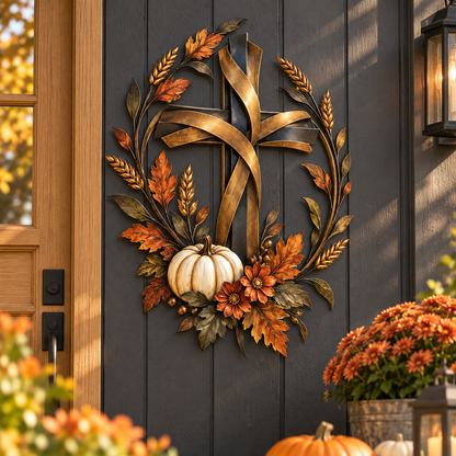 ✝️🍂 Blessed Harvest Cross Metal Wall Art with Pumpkins 🎃🏡