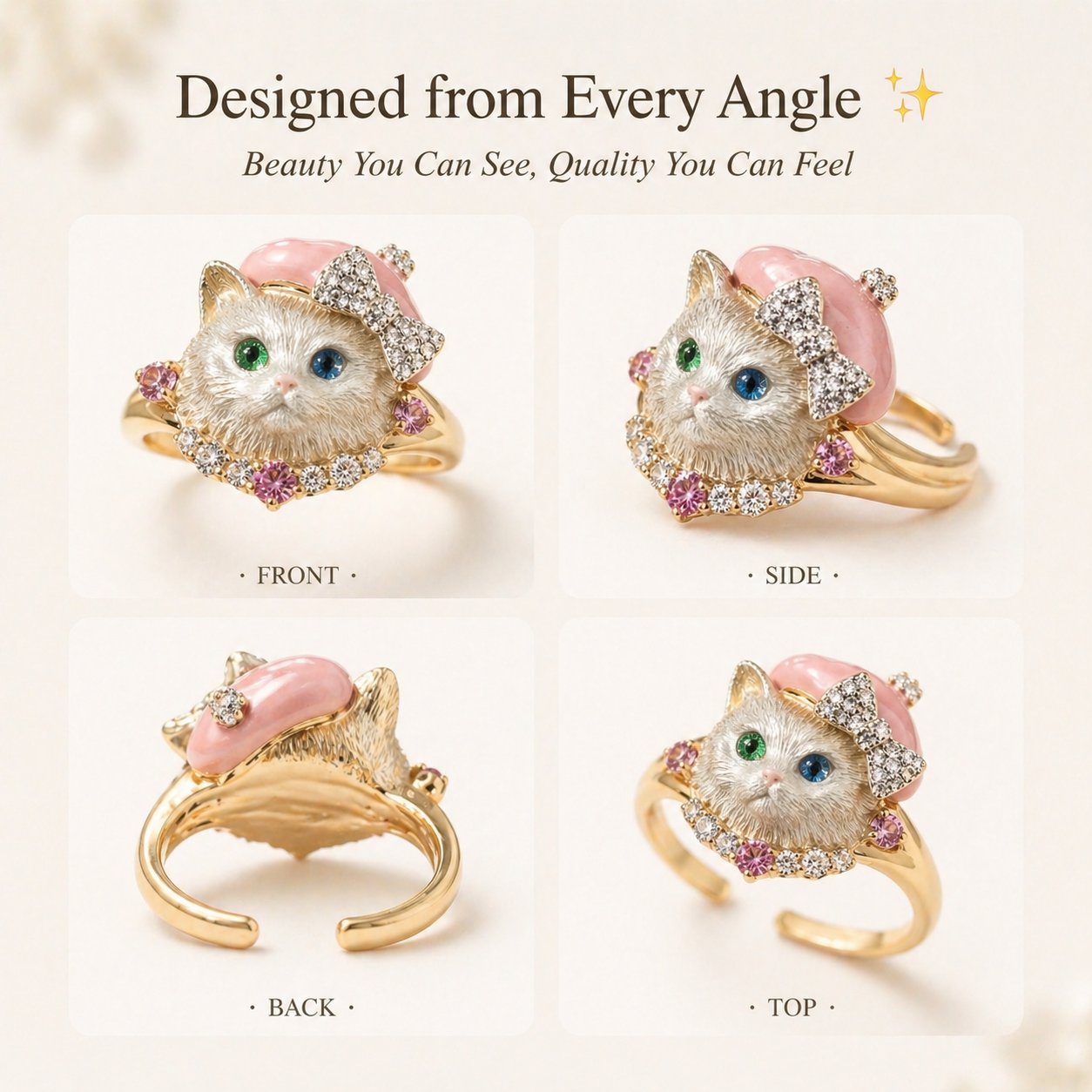 🐱💍Whimsical Pink Beret Cat Ring with Crystal Bow & Gemstone Eyes