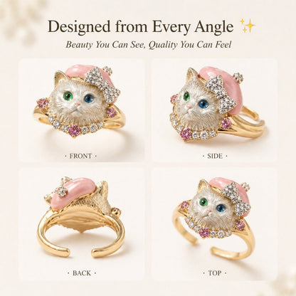 🐱💍Whimsical Pink Beret Cat Ring with Crystal Bow & Gemstone Eyes
