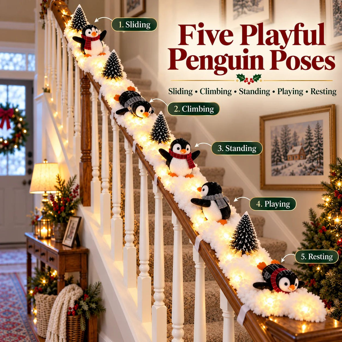 🐧 Playful Penguin Christmas Stair Railing Decor | ❄️ Fluffy Snow Texture & ✨ Warm LED Glow Light