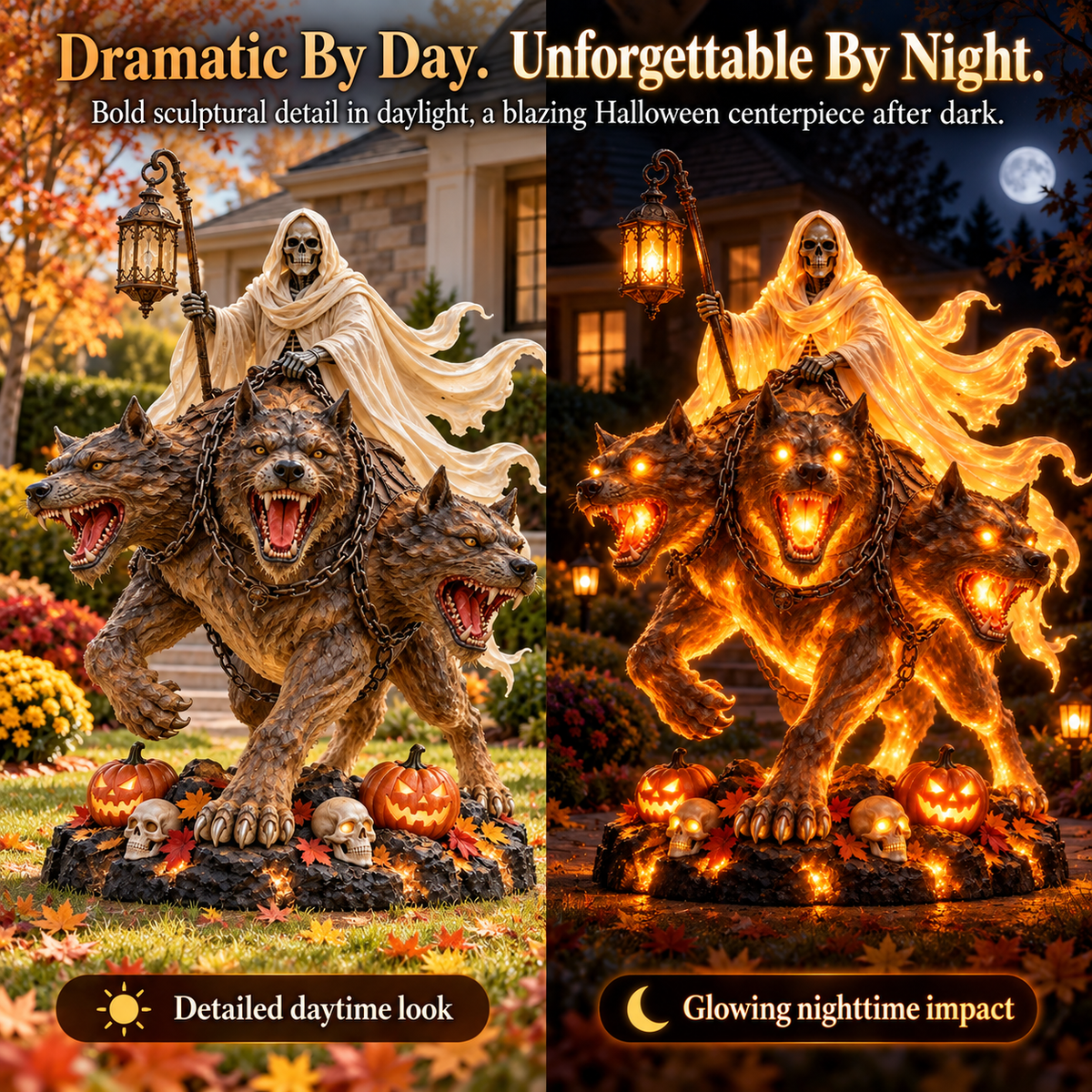 💀 Cerberus Grim Reaper Lighted Statue | Halloween Hellhound Guardian 🔥