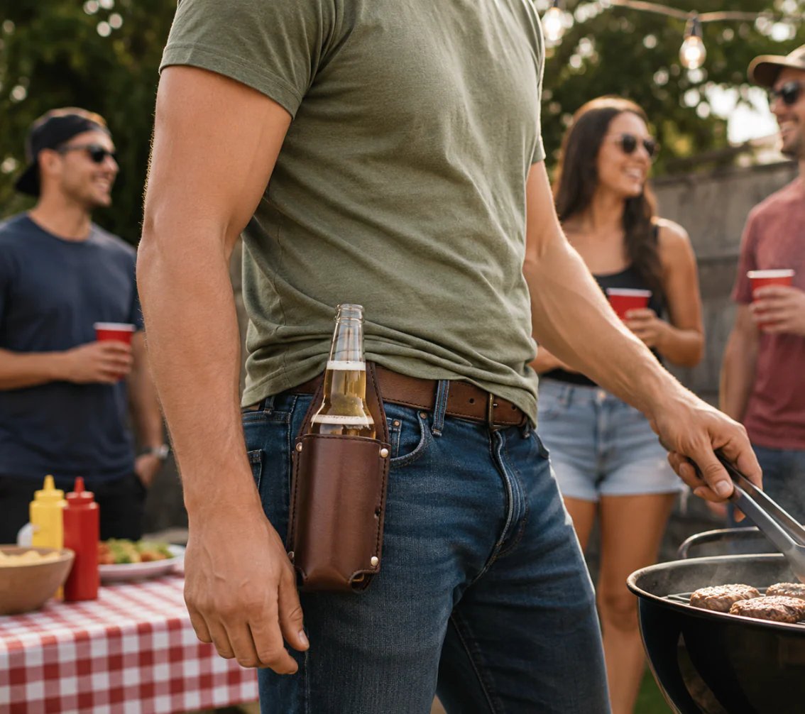 🍺 Hands-Free Beer Holster Belt – Leather Bottle Waist Holder 🥩🔥