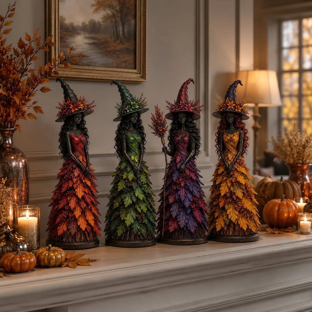 🍂🍁 Mystical Autumn Witch Statue for Fall & Halloween Decor