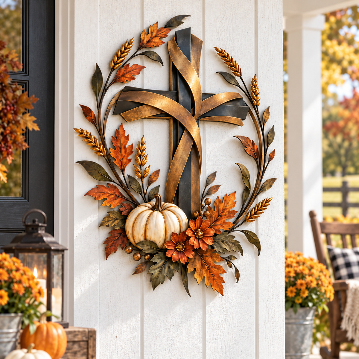 ✝️🍂 Blessed Harvest Cross Metal Wall Art with Pumpkins 🎃🏡