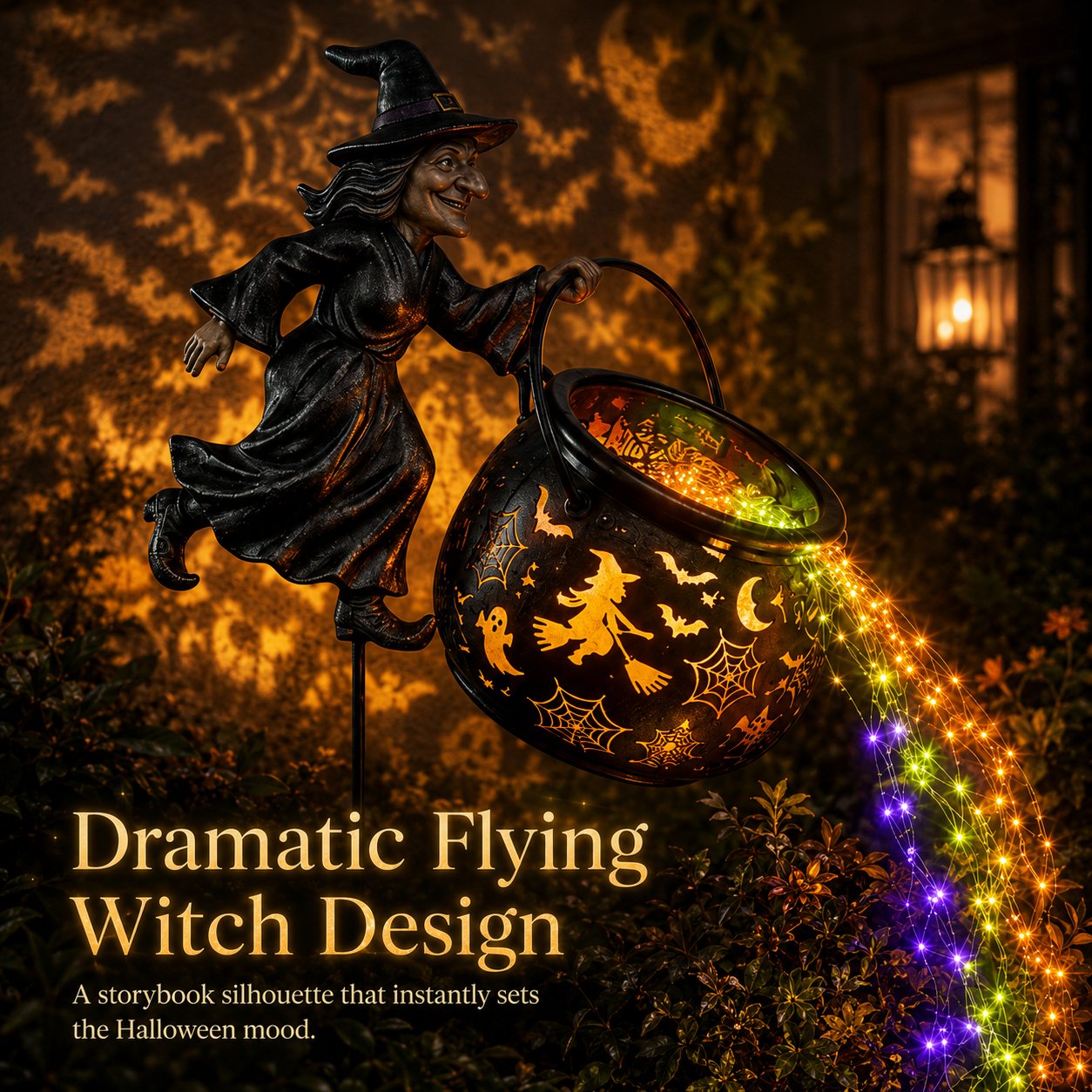 🧙🎃 Halloween Flying Witch Cauldron Garden Stake Light
