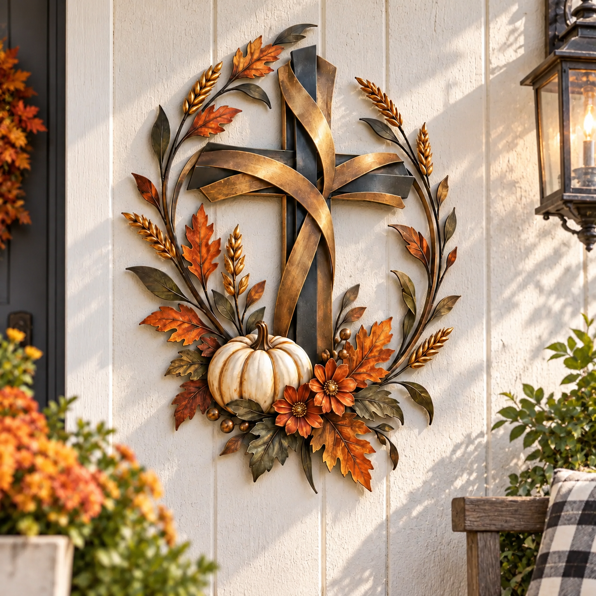 ✝️🍂 Blessed Harvest Cross Metal Wall Art with Pumpkins 🎃🏡