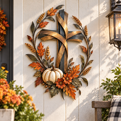 ✝️🍂 Blessed Harvest Cross Metal Wall Art with Pumpkins 🎃🏡