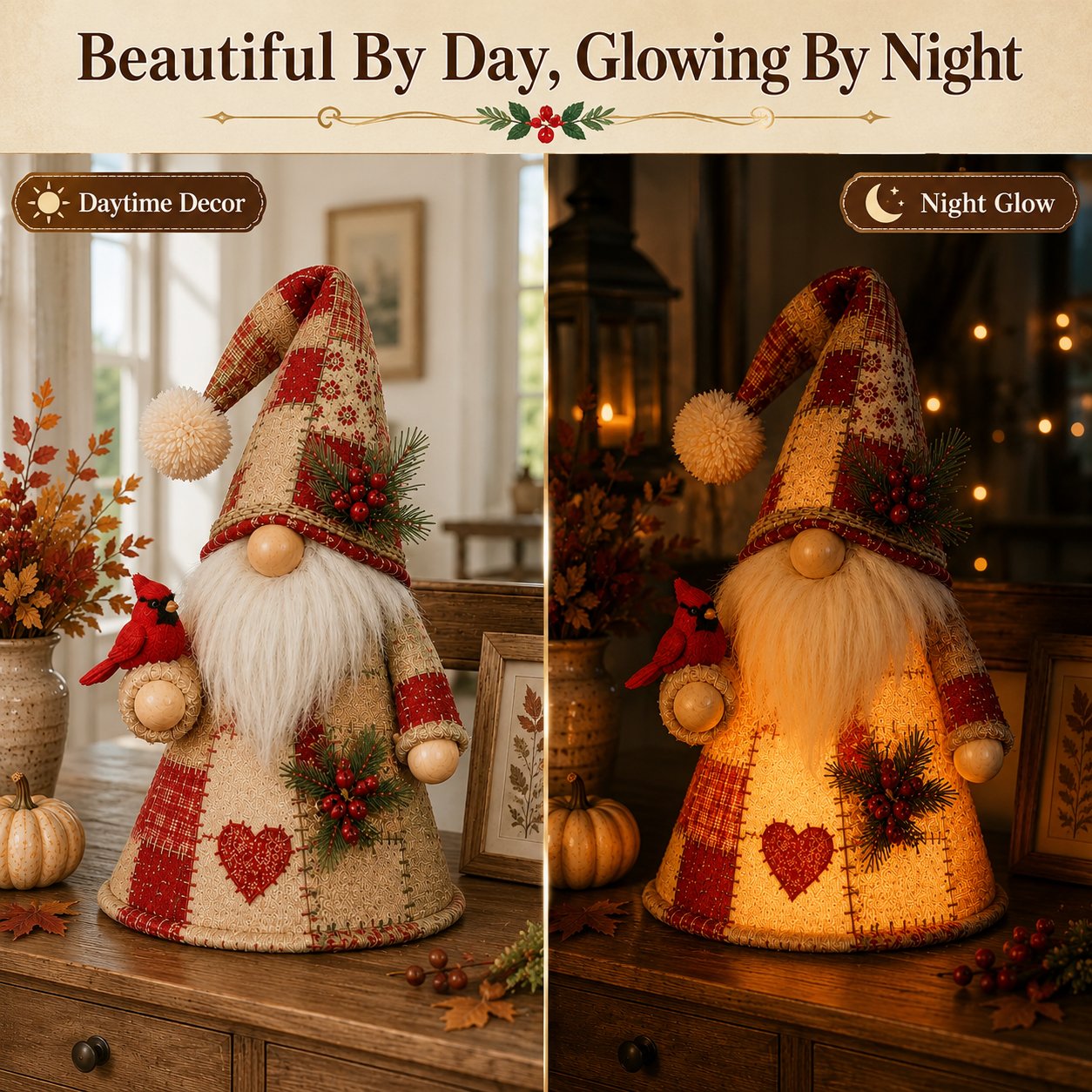 🐦✨ Patchwork Bird Gnome LED Light – Farmhouse Tabletop Decor for Mantels, Shelves & Holiday Display