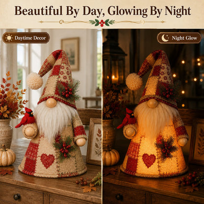 🐦✨ Patchwork Bird Gnome LED Light – Farmhouse Tabletop Decor for Mantels, Shelves & Holiday Display