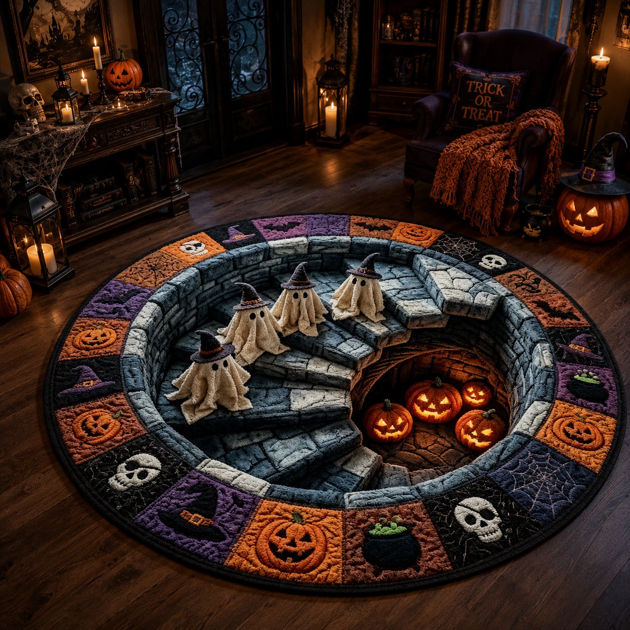 🕸️ Every Step Leads Somewhere Spooky –Haunted Stairway 3D Illusion Round Area Rug👻