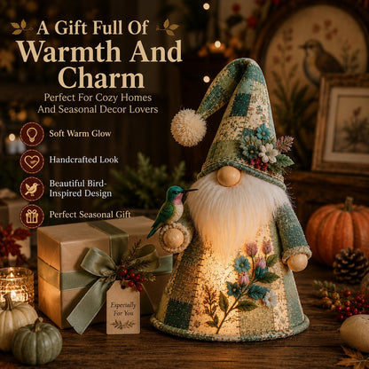 🐦✨ Patchwork Bird Gnome LED Light – Farmhouse Tabletop Decor for Mantels, Shelves & Holiday Display