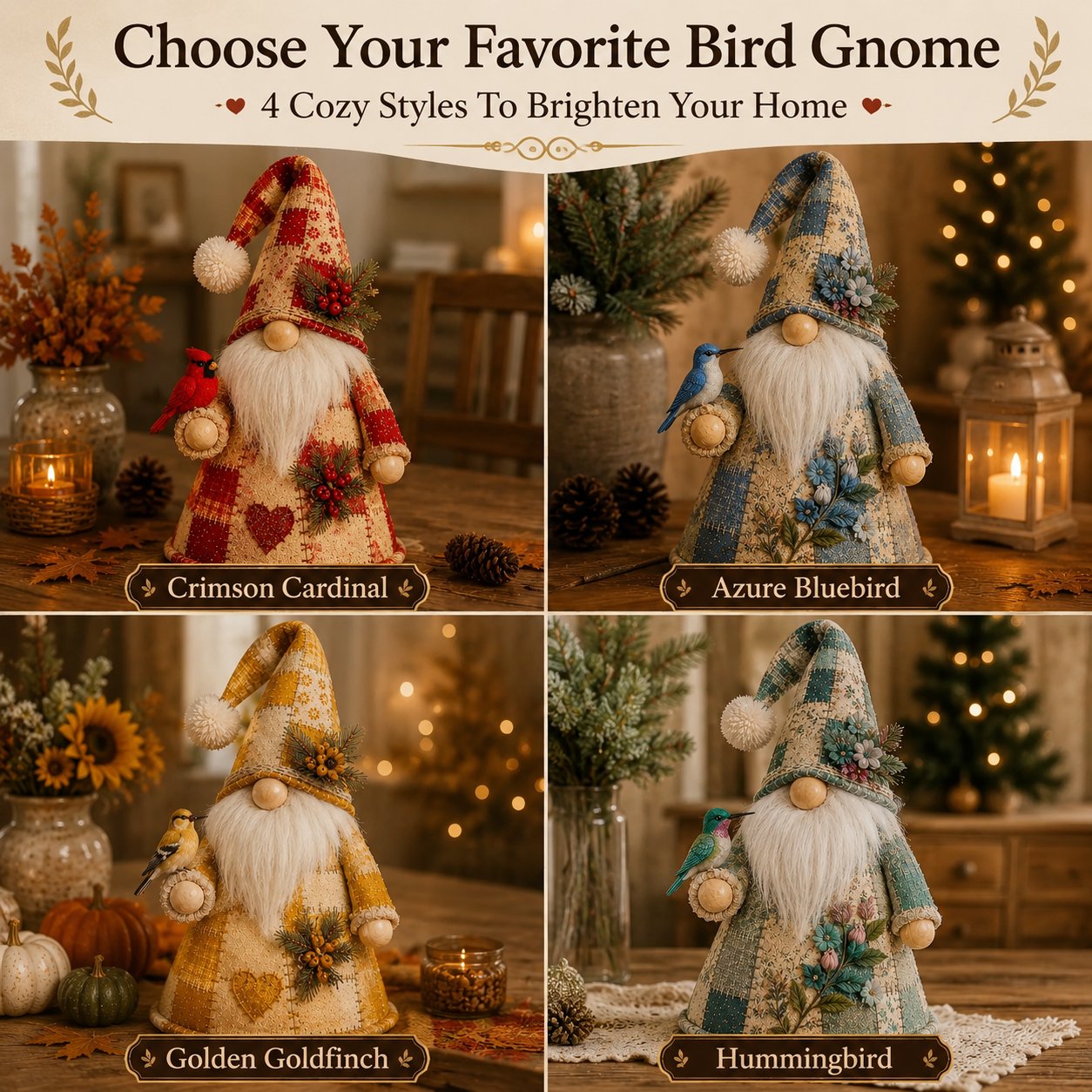 🐦✨ Patchwork Bird Gnome LED Light – Farmhouse Tabletop Decor for Mantels, Shelves & Holiday Display