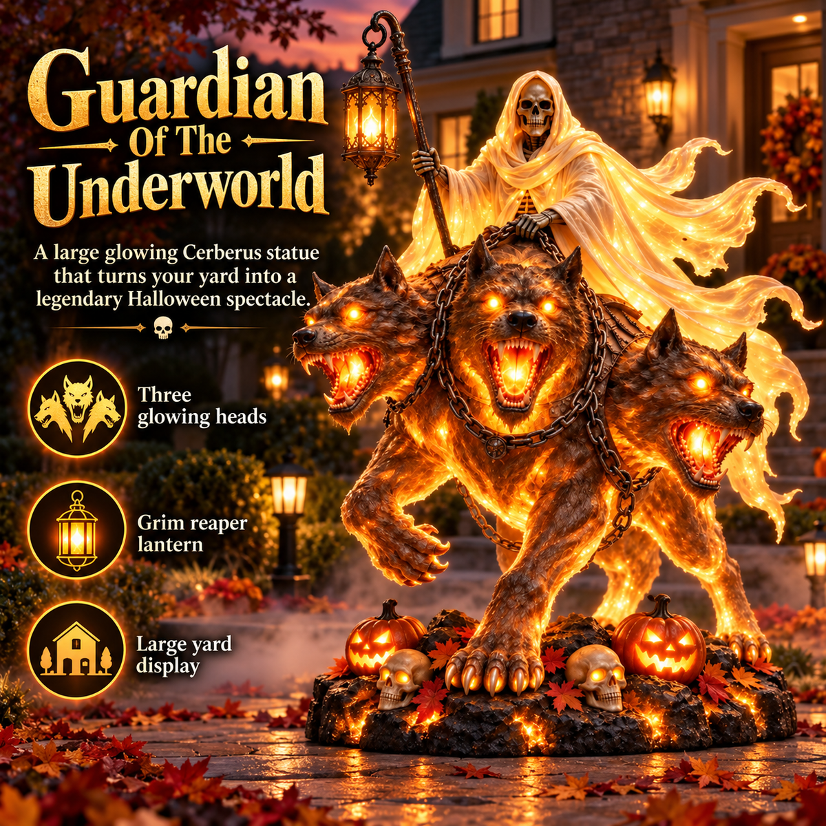 💀 Cerberus Grim Reaper Lighted Statue | Halloween Hellhound Guardian 🔥