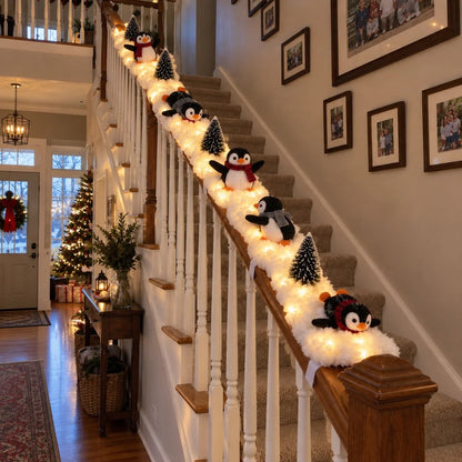 🐧 Playful Penguin Christmas Stair Railing Decor | ❄️ Fluffy Snow Texture & ✨ Warm LED Glow Light