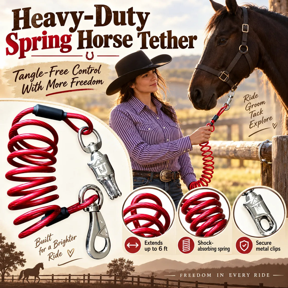 ✨🐎 6ft Coiled Horse Tie | Quick-Release Trailer & Hitching Lead
