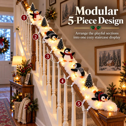 🐧 Playful Penguin Christmas Stair Railing Decor | ❄️ Fluffy Snow Texture & ✨ Warm LED Glow Light
