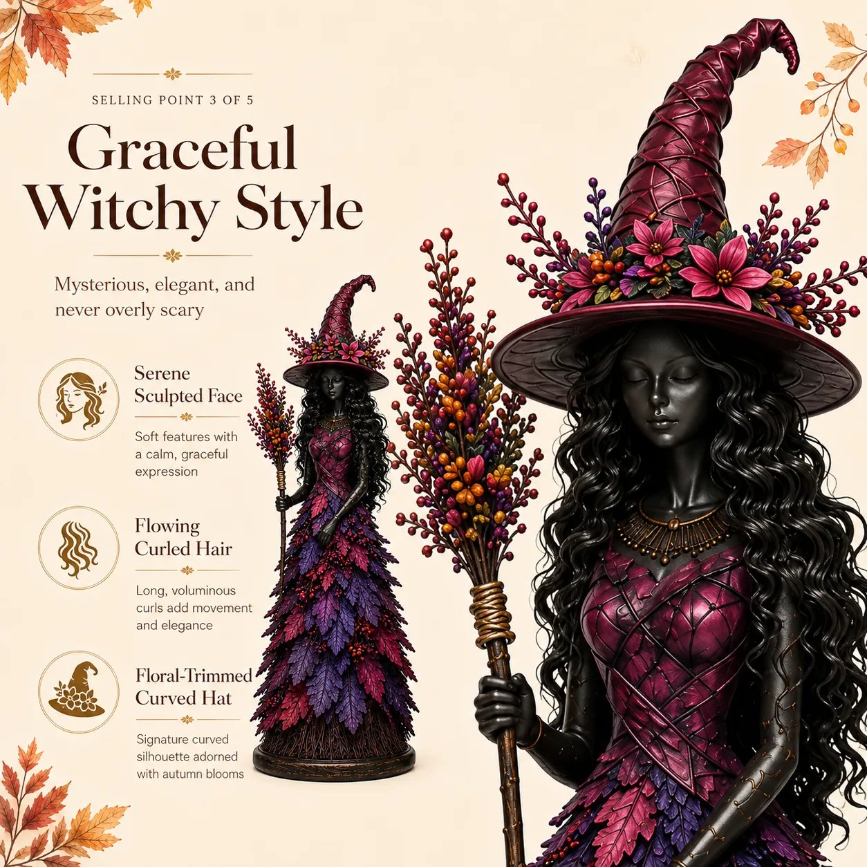 🍂🍁 Mystical Autumn Witch Statue for Fall & Halloween Decor