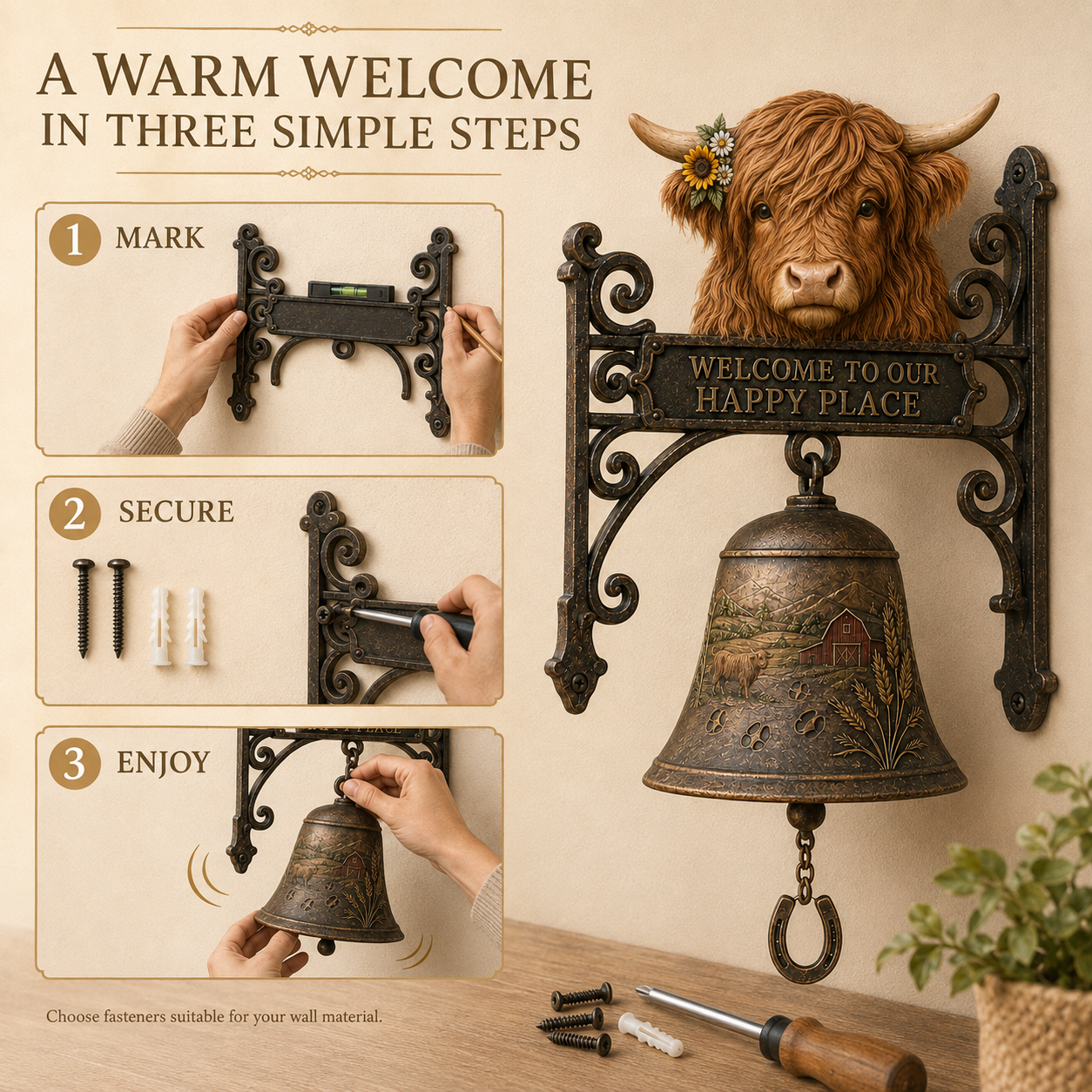 🎅 2026 Christmas Gift 50% Off🐂 Highland Cow Welcome Bell – Rustic Farmhouse Door Décor🔔