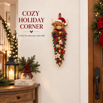 🎄 Lighted Highland Cow Christmas Door Swag(11.8in / 30cm) – A Cozy Holiday Welcome