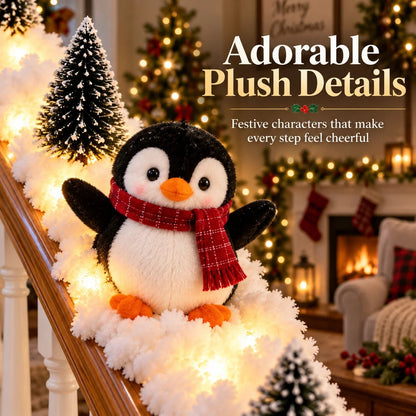 🐧 Playful Penguin Christmas Stair Railing Decor | ❄️ Fluffy Snow Texture & ✨ Warm LED Glow Light