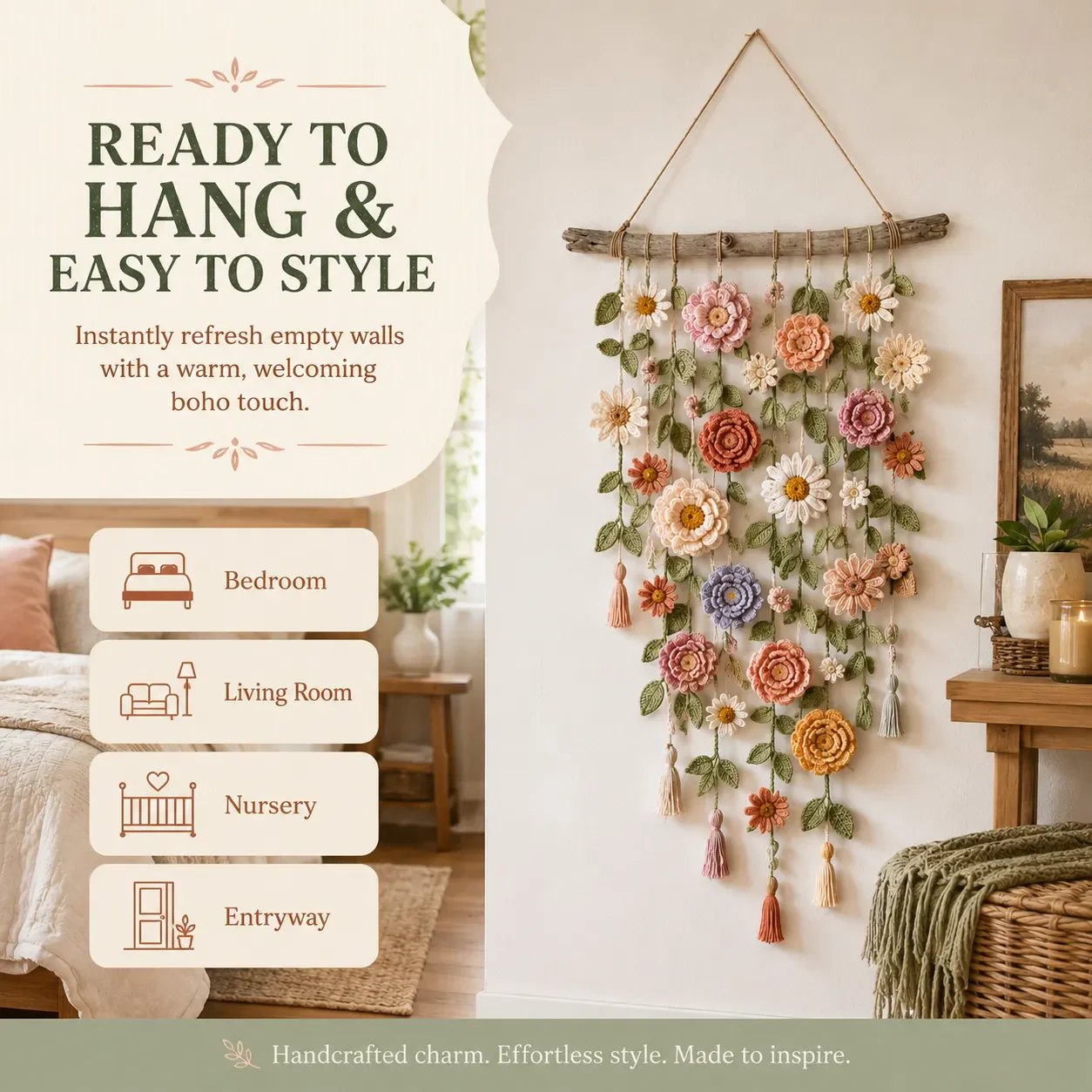 🌼🌿 Boho Crochet Floral Wall Hanging for Cozy Home Decor