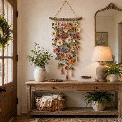 🌼🌿 Boho Crochet Floral Wall Hanging for Cozy Home Decor